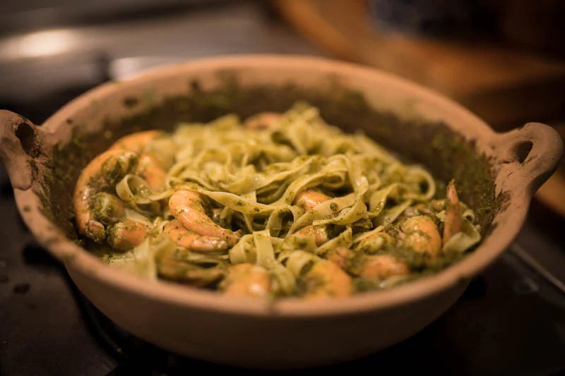 A Clay Cazuela from Oaxaca with Shrimp, Acuyo Sauce and Pasta - Rancho Gordo