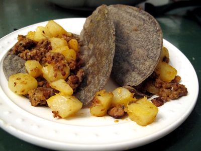 Blue Corn Tortilla Tacos with Potatoes and Chorizo - Rancho Gordo