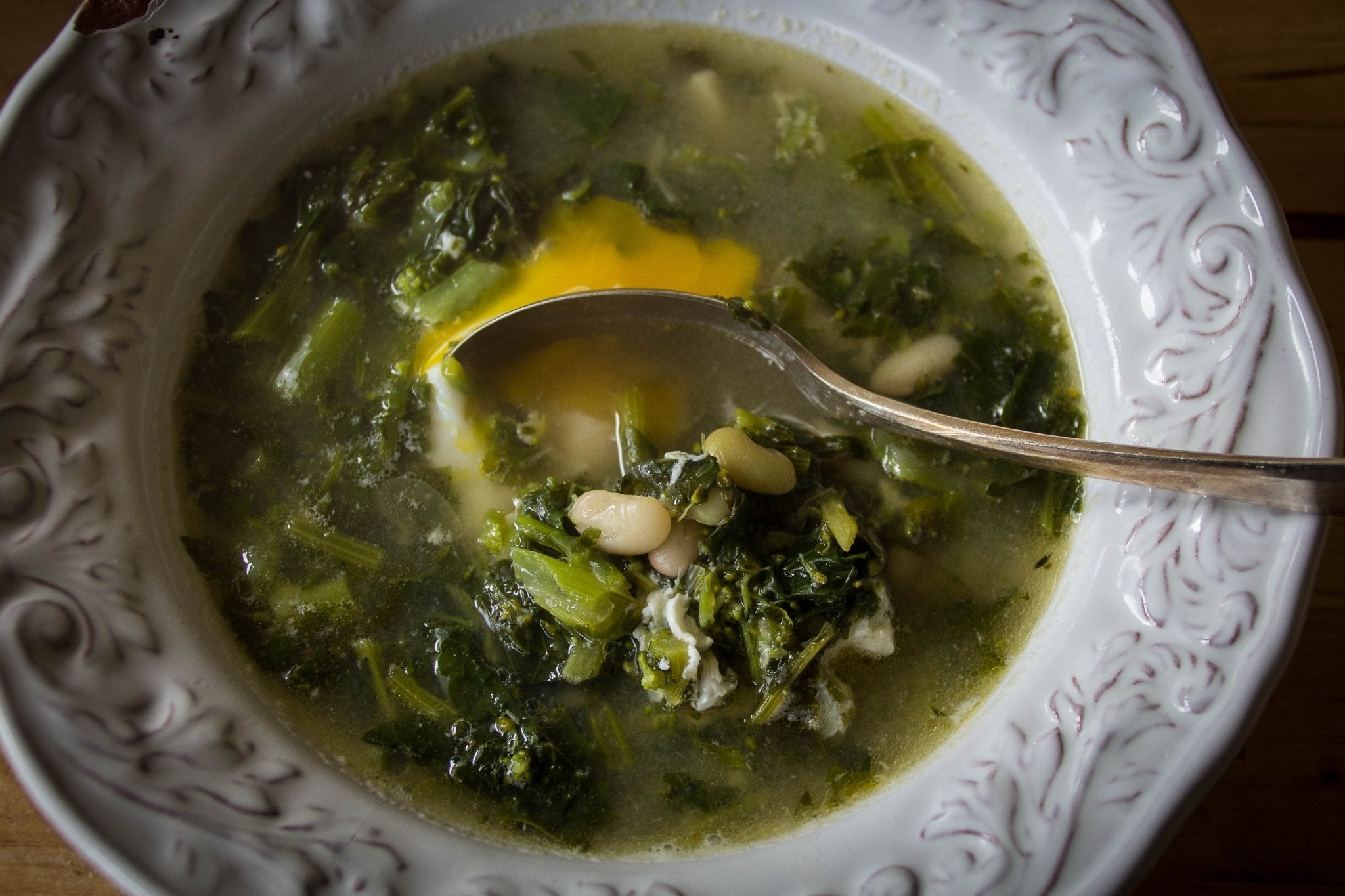 Broccoli Rabe and White Bean Soup with Poached Eggs - Rancho Gordo