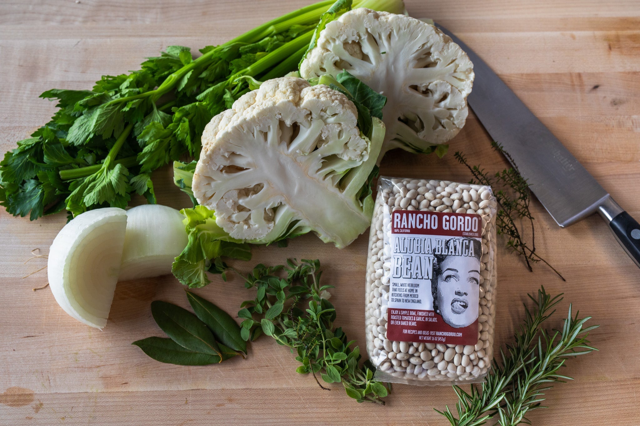 Creamy White Bean Soup with Cauliflower & Greens - Rancho Gordo
