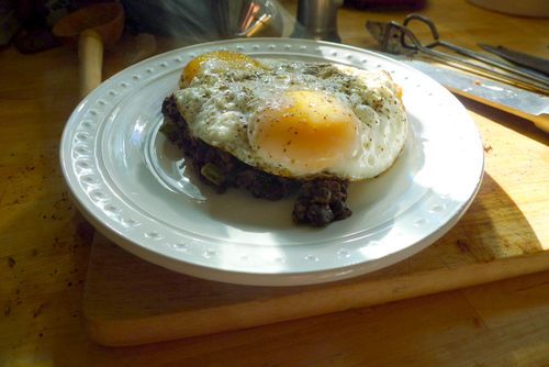 Eggs over Beans and Nopales for Breakfast - Rancho Gordo