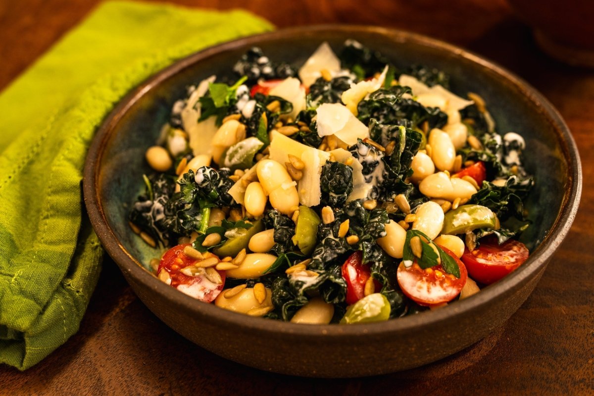 Emily Nunn's Kale Salad with White Beans, Green Olives, Creamy Parmesan - Rancho Gordo