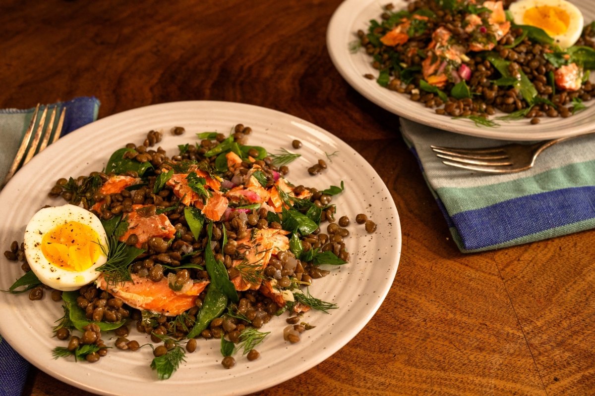 Emily Nunn's Salmon and Lentil Salad with Soft-Boiled Eggs and Herbs - Rancho Gordo