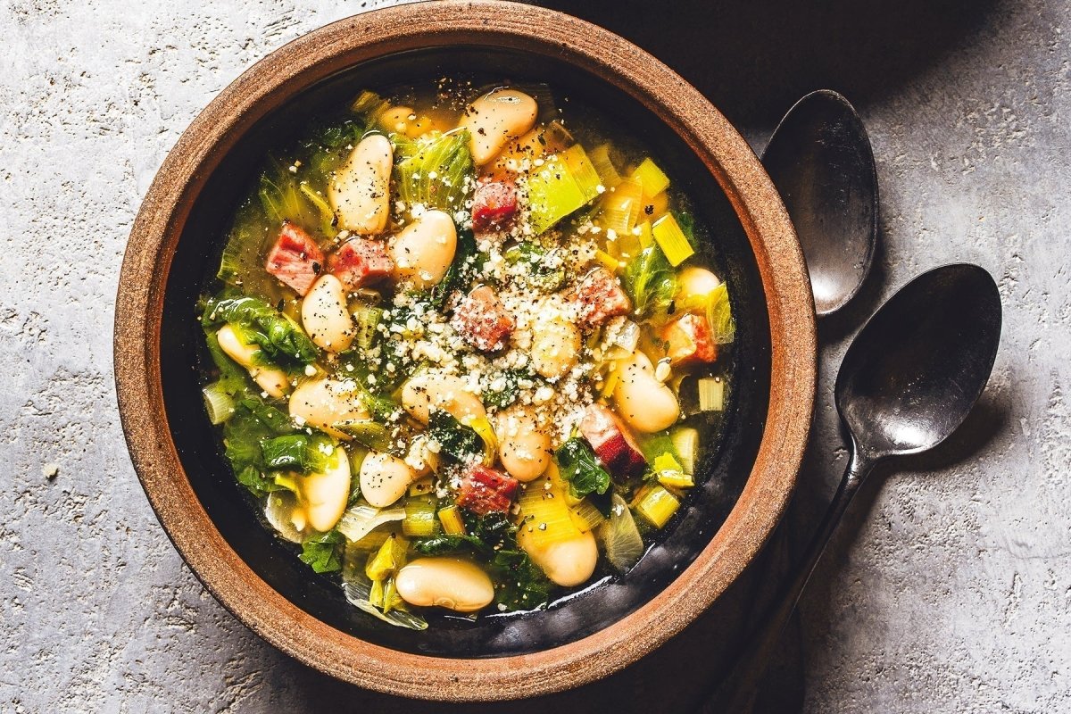 ESCAROLE SOUP WITH GIANT WHITE BEANS AND COUNTRY HAM - Rancho Gordo
