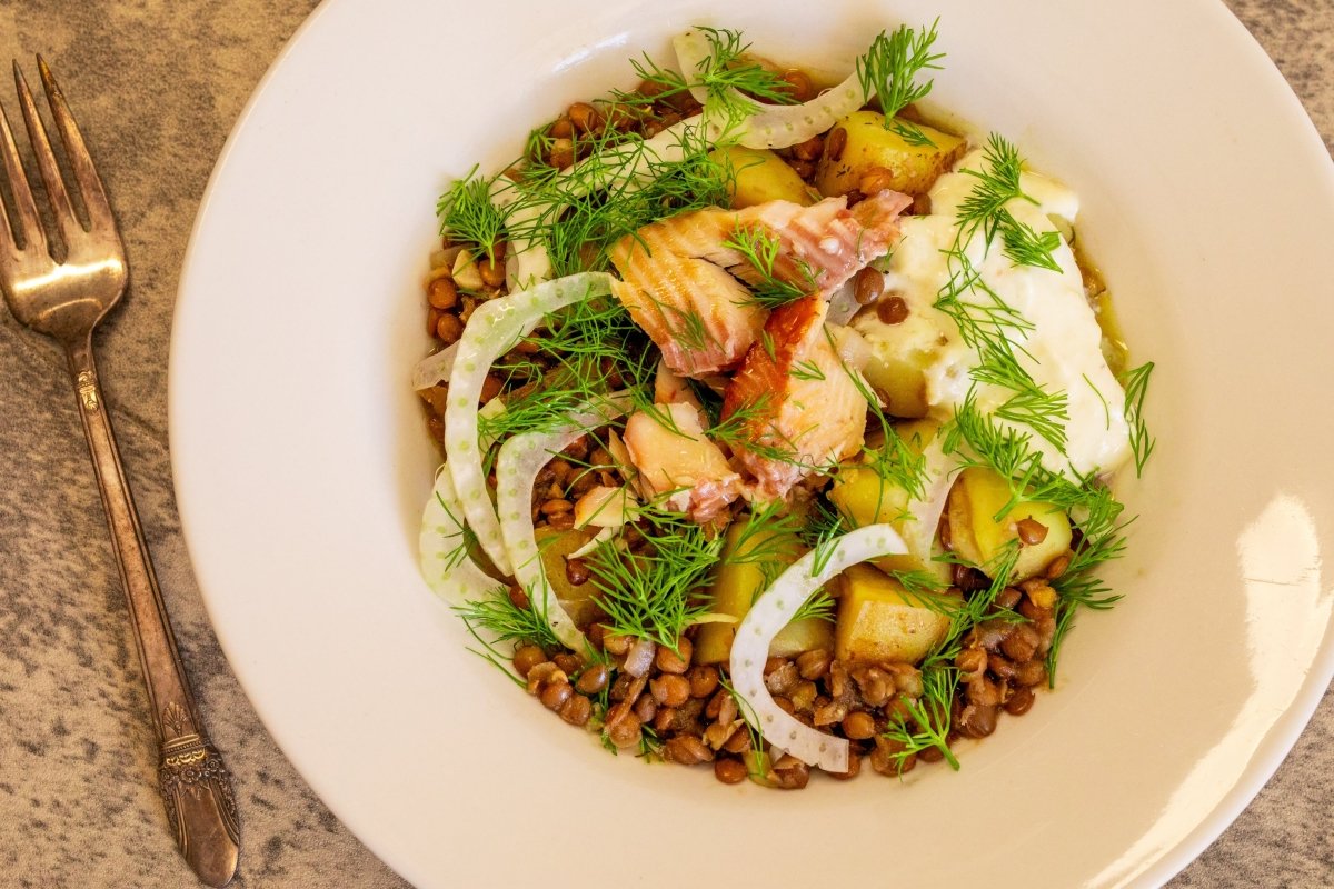 Pardina Lentil and Potato Salad with Smoked Trout and Horseradish - Rancho Gordo