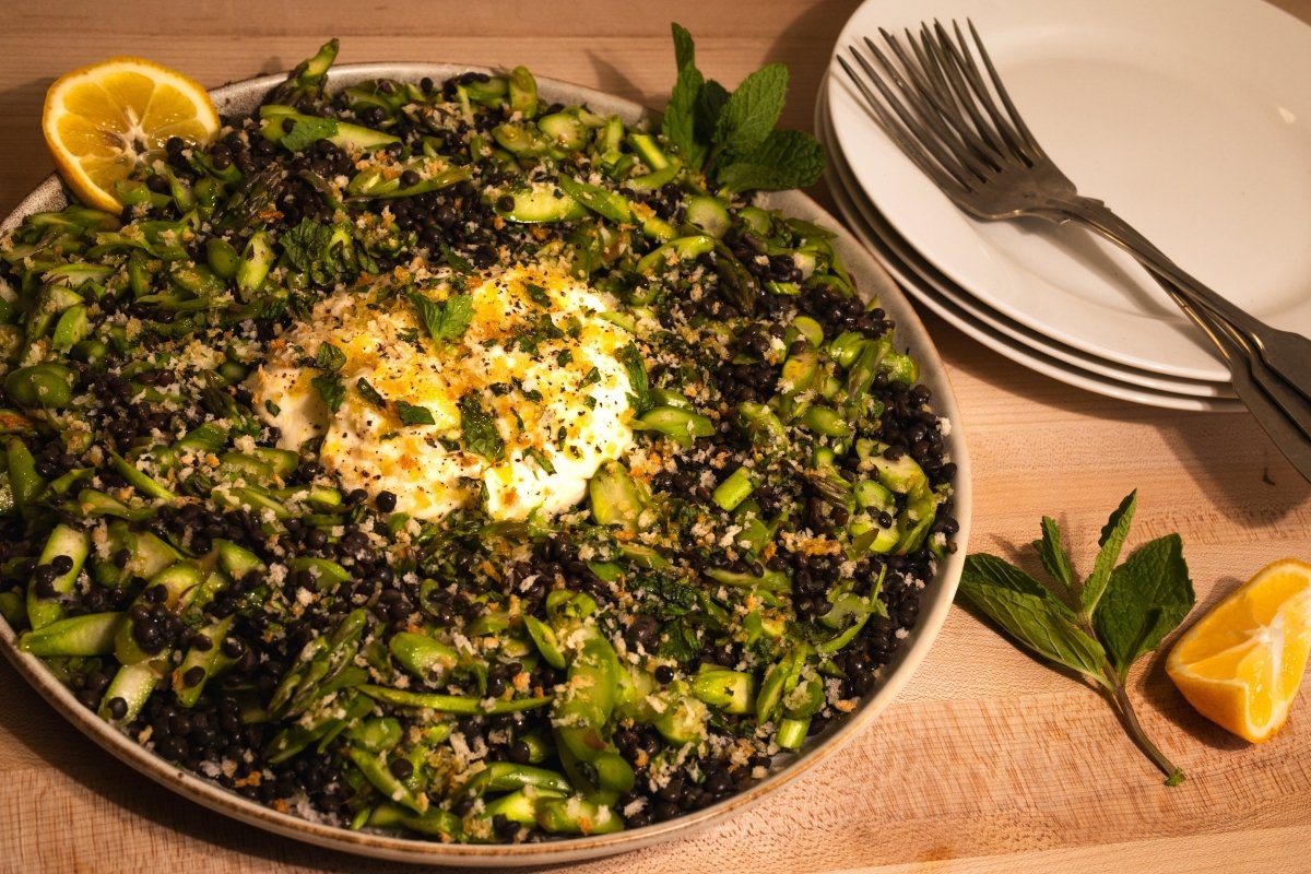 Raw Asparagus and Lentil Salad with Lemon, Mint, and Burrata - Rancho Gordo