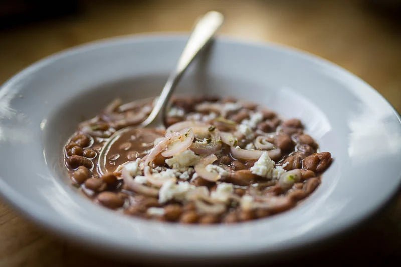 Yellow Indian Woman Beans with Shallot Pickle and Goat Cheese - Rancho Gordo